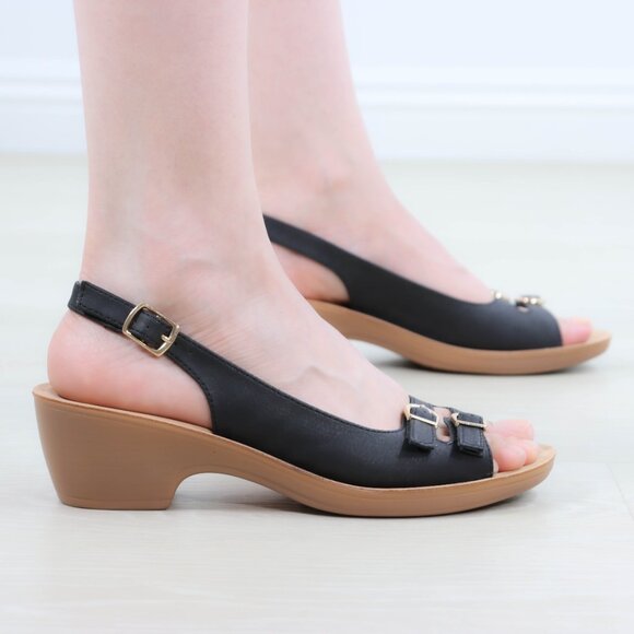 Black Slingback Wedge Sandals Women’s Open Toe Gold Buckle Comfort 2” Heel - Picture 9 of 16